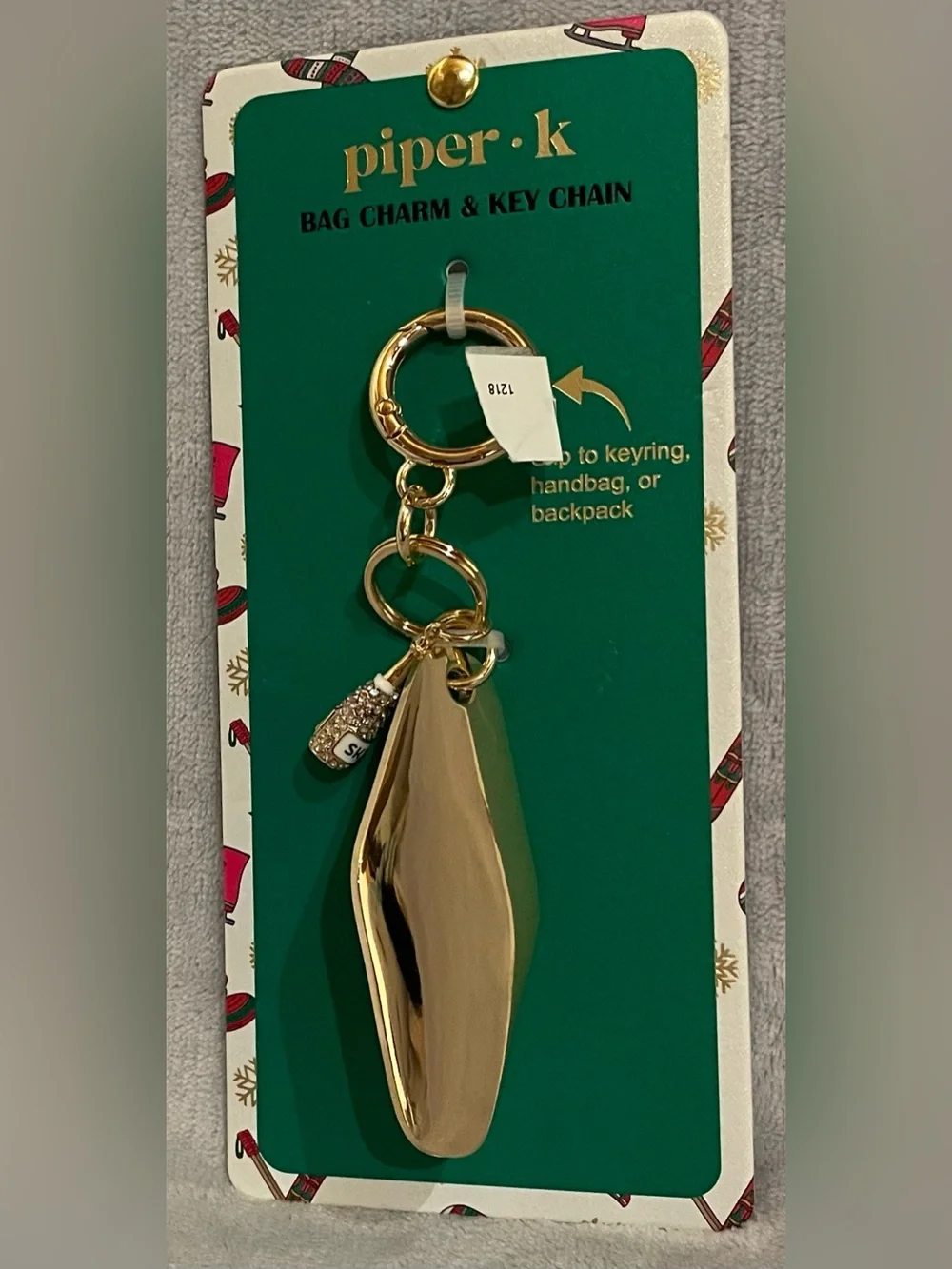 Piper K NWT Aprés Ski Bag Charm Key Chain Gold Rhinestone Champagne Bottle Motel